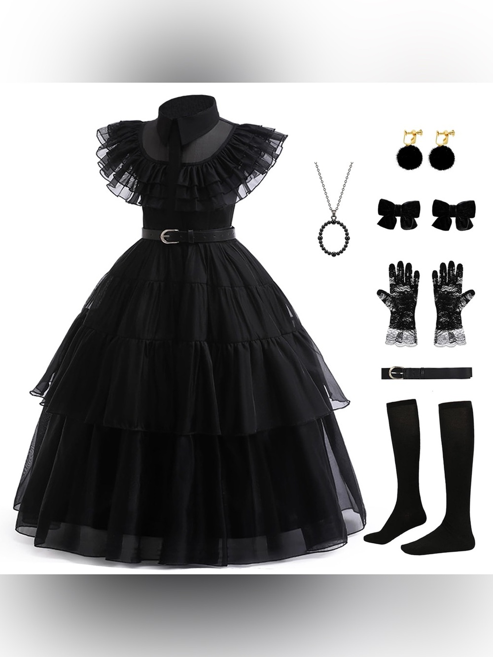 Gothic Ruffle Tulle Dress Costume with Accessories GIRLS Size S 6-8 Black